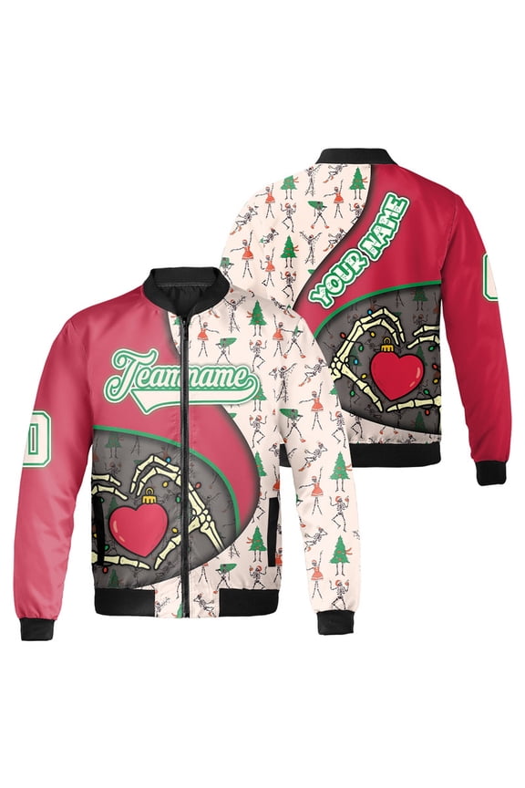Personalized Funny Skeleton Christmas Bomber Jacket - Custom Name & Number, Gothic Holiday Jacket for Teams, Men & Women