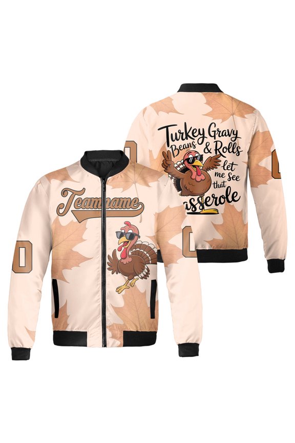Personalized Funny Thanksgiving Turkey Gravy Beans & Rolls Quote Bomber Jacket - Cool Turkey with Sunglasses - Custom Team Name & Number - Fall Leaf Design
