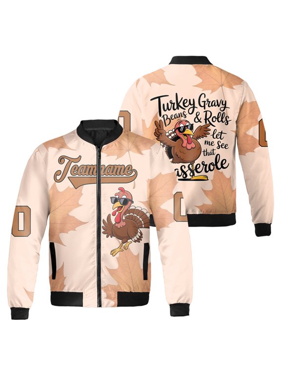 Personalized Funny Thanksgiving Turkey Gravy Beans and Rolls Quote Bomber Jacket - Cool Turkey with Sunglasses - Custom Fall Leaf Design Outerwear