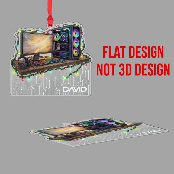 Personalized Gamer Acrylic Christmas Ornament Custom Name PC Setup with Lights, Keyboard & Headset, Video Game Lover Holiday Tree Decor, Home Keepsake