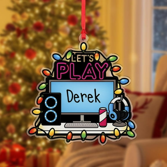 Personalized Gamer Acrylic Christmas Ornament Letâ€™s Play Computer & Headset with Lights, Custom Name Video Game Lover Holiday Tree Decor