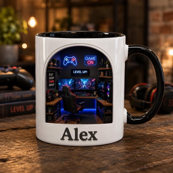 Personalized Gamer Mug, Custom Gaming Room Coffee Cup, Level Up Gamer Gift, Game On Mug with Name, Birthday Gift for Gamer