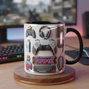 Personalized Gaming Mug, Faux 3D Controller, Gamer Gift, White Ceramic Cup
