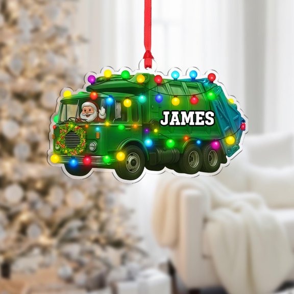 Personalized Garbage Truck Acrylic Christmas Ornament with Santa & Lights Custom Name Sanitation/Truck Driver Holiday Tree Decor, Fleet/Driver Appreciation Keepsake