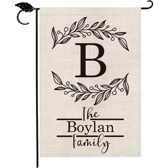 Personalized Garden Flag With Monogram Initial and Family Name, Double Sided Rustic Farmhouse Burlap Yard Outdoor Decoration, 12.5 x 18 Inch