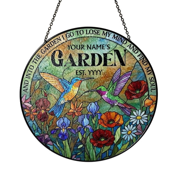Personalized Garden Sign Suncatcher, Custom Name Hummingbird Stained Glass Window Decor Gift, Women Mom Grandma Gardener Birthday Mothers Day