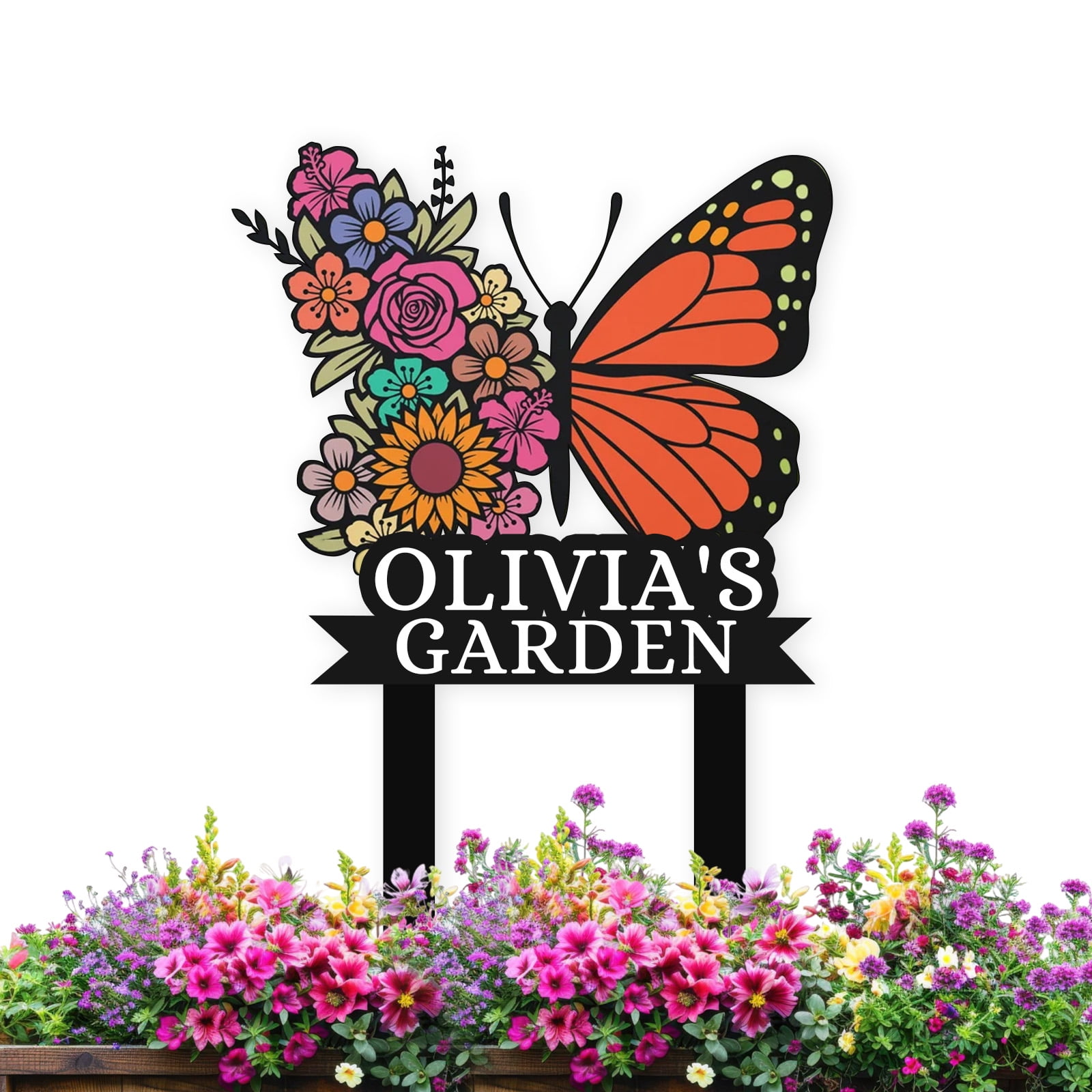 Personalized Garden Signs, Custom Metal Colorful Butterfly Garden Sign for Outside, Butterfly Garden Stake Metal Sign Garden Name Sign, Garden Decor Sign Yard Sign with Stakes(16inches-Nonporous)