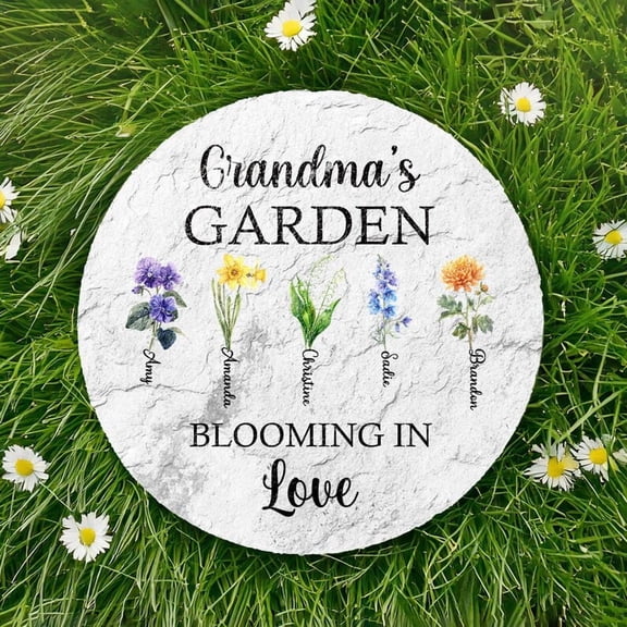 Personalized Garden Stone – Birth Flower Gift for Grandma, Custom Grandkid's Birth Flower Garden Decor with Names, Christmas Gift & Outdoor Keepsake