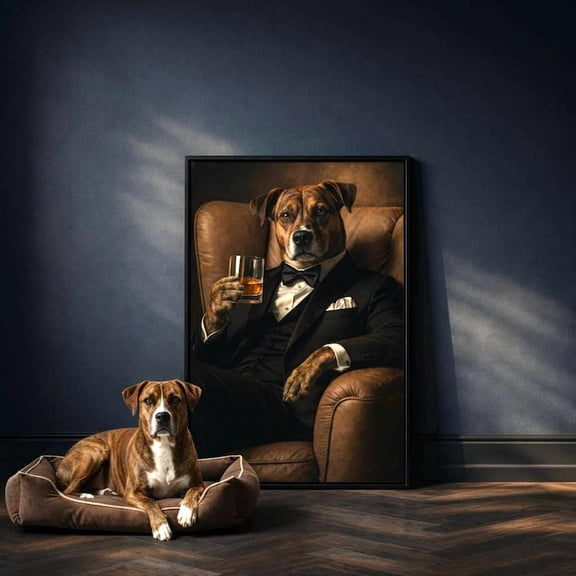 Personalized Gentleman Pet Portrait From A Photo, Custom Framed Gangster Dog In A Tuxedo Art Print