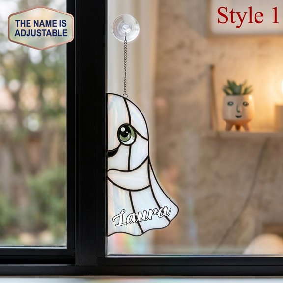 Personalized Ghost Acrylic Suncatcher, Custom Name Faux Stained Glass Window Hanging Decor, Memorial and Sympathy Gift