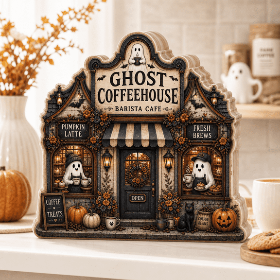Personalized Ghost Coffeehouse Wooden Block Halloween Coffee Bar Decor