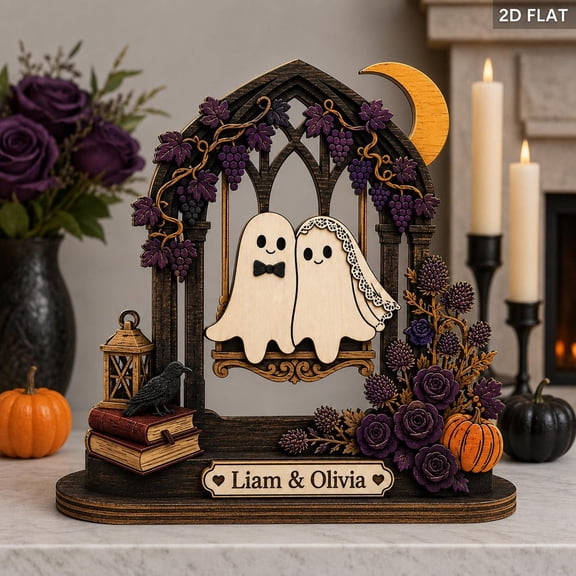 Personalized Ghost Couple Wooden Block Decor, Halloween Wedding Gift, Gothic Romance Shelf Sitter, Spooky Couple Keepsake