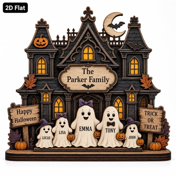 Personalized Ghost Family Wooden Block, Haunted House Sign, Spooky Ghost Halloween, Boo Crew Name Decor, Ghost Pet Shelf Decor, Gothic Home