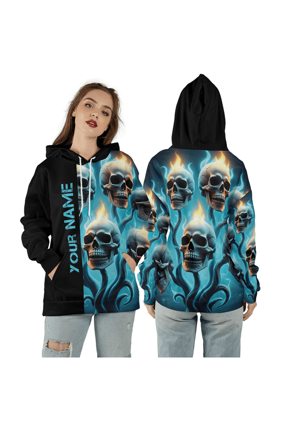 Personalized Ghost Fire 3D Hoodie, Blue Flame Skull Style Custom 3D Hoodie, Flaming Skull Pattern All-Over Print Hoodie