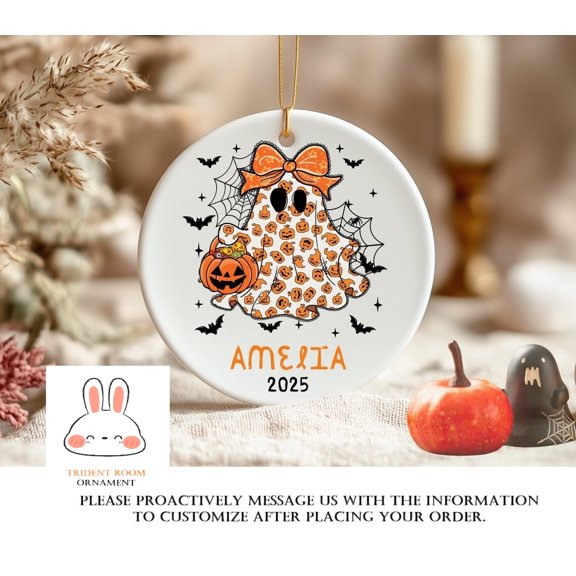 Personalized Ghost Halloween Ornament 2025 Custom Name, Bow & Pumpkins