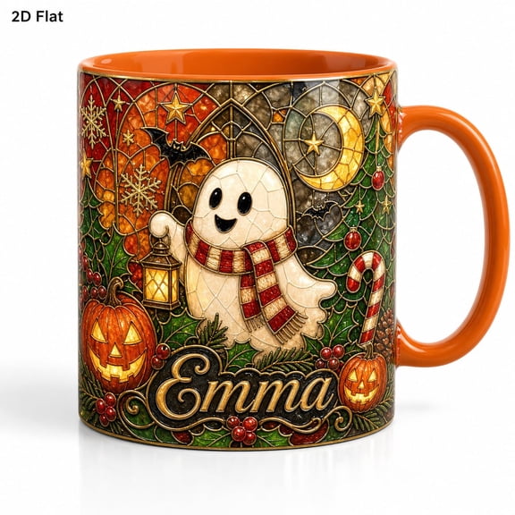Personalized Ghost Name Mug, Custom Halloween Christmas Coffee Mug, Stained Glass Ghost Mug, Spooky Xmas Mug, Fall Winter Holiday Gift