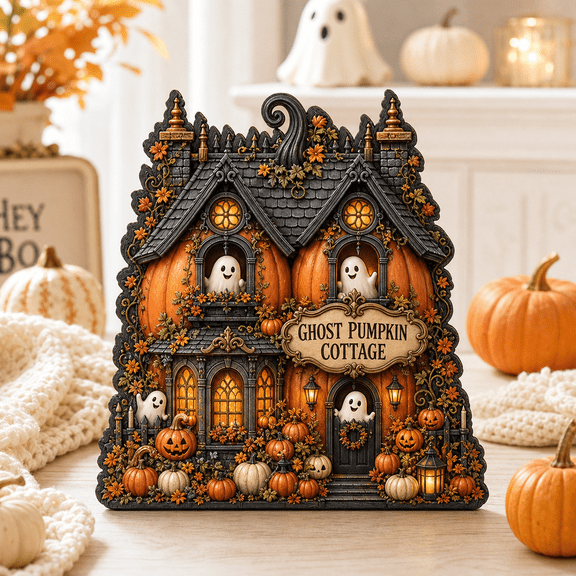 Personalized Ghost Pumpkin Cottage Wooden Block Sign for Halloween Shelf Decor