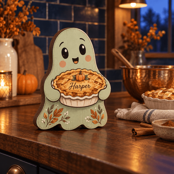 Personalized Ghost Pumpkin Pie Wooden Block 3 Layer Halloween Decor