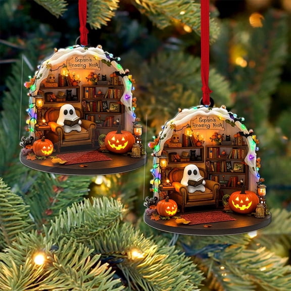 Personalized Ghost Reading Nook Acrylic Ornament Library/Book Lover Halloween Decor, Custom Name Spooky Study Keepsake (Fall/Autumn)