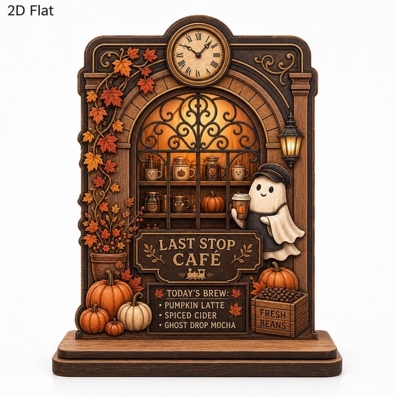 Personalized Ghost Station Cafe Wooden Block, Clock Tower Table Accent, Halloween Decor, Fall Shelf Sitter, Coffee Lover Gift