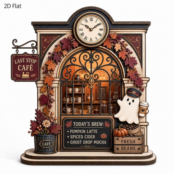Personalized Ghost Station Cafe Wooden Block, Clock Tower Table Accent, Halloween Decor, Fall Shelf Sitter, Coffee Lover Gift