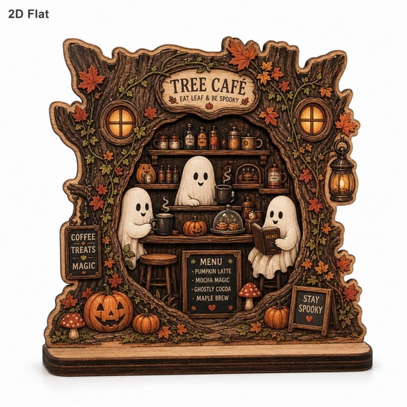 Personalized Ghost Tree Cafe Wooden Block, Custom Halloween Coffee Decor, Spooky Autumn Shelf Sitter, Cute Fall Bookshelf Decor Gift