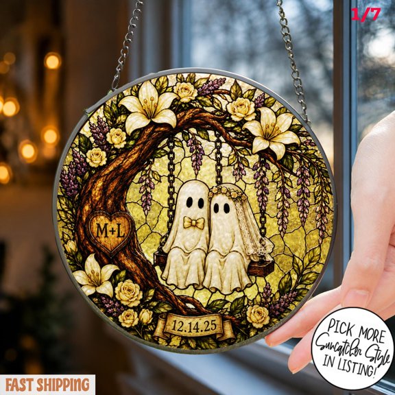 Personalized Ghost Wedding Printed Stained Glass Style Suncatcher, Custom Couple Window Hanging, Anniversary Gift