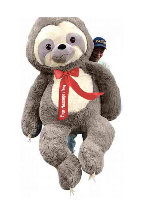 Personalized Giant Stuffed Sloth has Red Satin Ribbon Bow Around Neck that You Design, Big Plush Huge Stuffed Animal Measures 7 Feet Tall 84 Inches Soft 213 cm