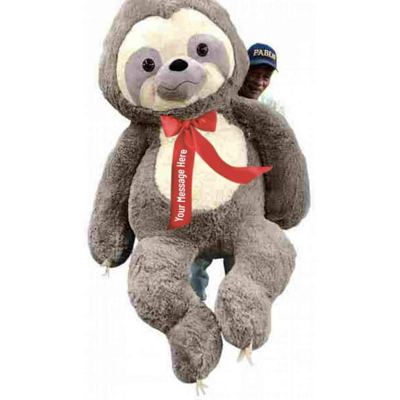 Personalized Giant Stuffed Sloth has Red Satin Ribbon Bow Around Neck that You Design, Big Plush Huge Stuffed Animal Measures 7 Feet Tall 84 Inches Soft 213 cm
