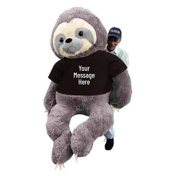 Personalized Giant Stuffed Sloth Wears Customized Black Tshirt that You Design, Big Plush Huge Stuffed Animal Measures 7 Feet Tall 84 Inches Soft 213 cm