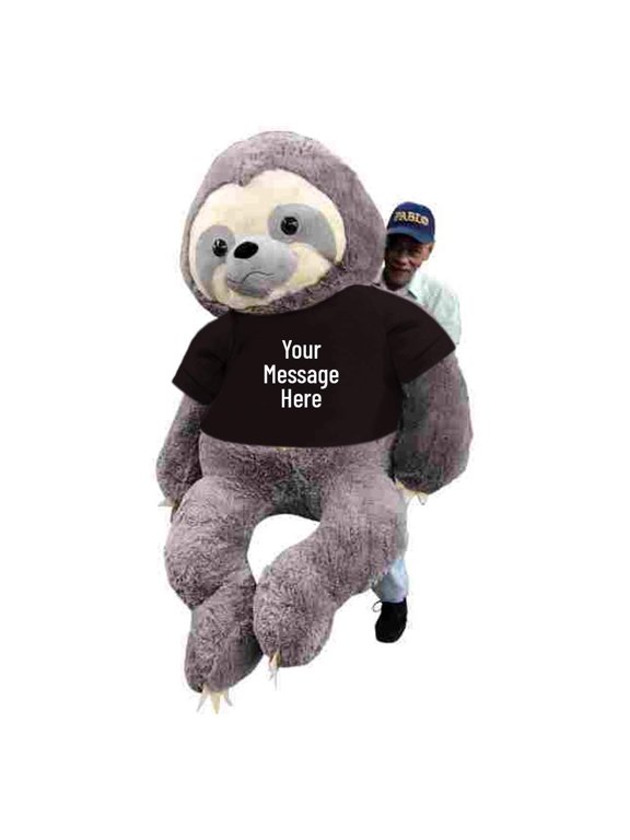 Personalized Giant Stuffed Sloth Wears Customized Black Tshirt that You Design, Big Plush Huge Stuffed Animal Measures 7 Feet Tall 84 Inches Soft 213 cm