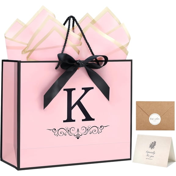 Personalized Gift Bags for Women Girls with Initial - Monogrammed Pink Paper Gift Bag with Ribbon Bow, Matching Tissue Paper, Card and Envelope Sticker (K, Medium)