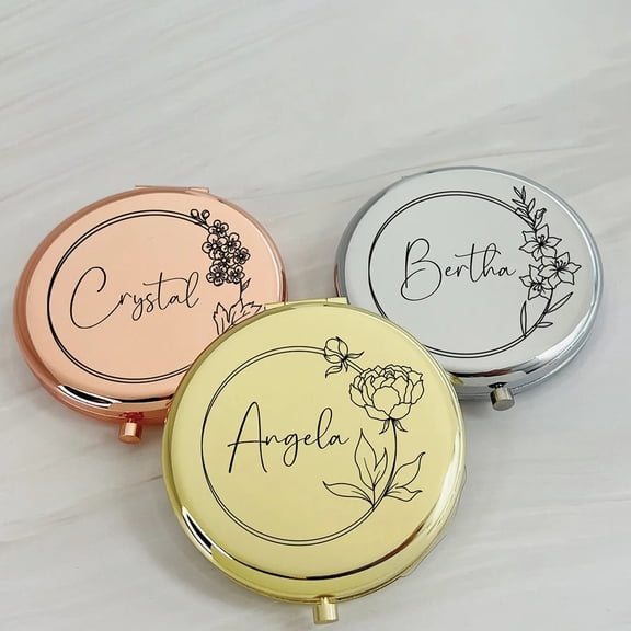 Personalized Gift Custom with Name Floral Compact Mirror Elegant Rose Golden Finish Vintage-Inspired Pocket Makeup Mirror