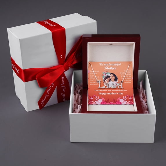 Personalized Gift For Mom - Personalized Sparkle Name Necklace - Happy Mother's Day, Name Necklace for Woman, Jewelry Gift White Cardboard Box with Ribbon Bow