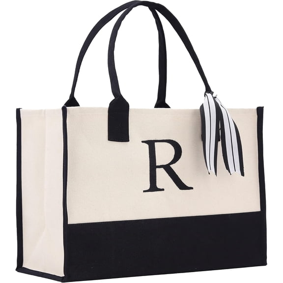 Personalized Gift Monogram Initial 100% Cotton Two Tone Chic Tote Bag with Customize Option - Black
