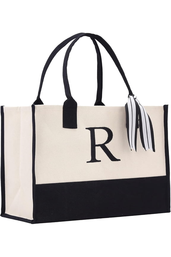 Personalized Gift Monogram Initial 100% Cotton Two Tone Chic Tote Bag with Customize Option - Black