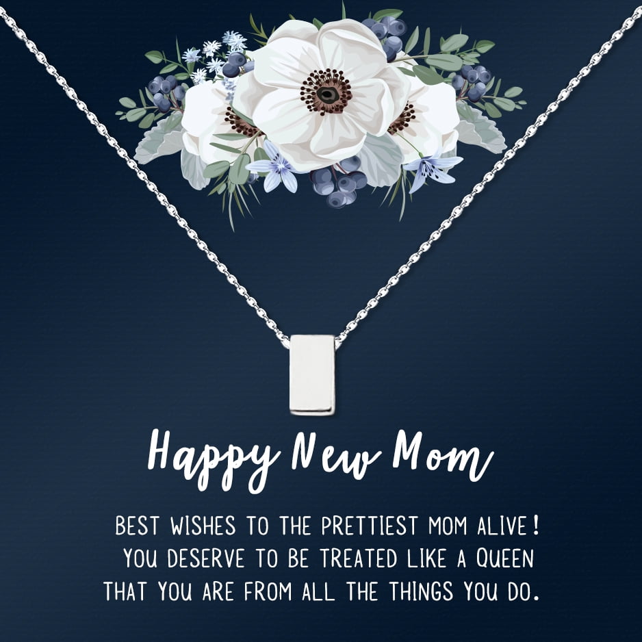 Personalized Gift for New Mom, Custom New Mom Necklace and Card, Customized Card with Necklace, Mother's Day Gift, Gift for Her, Gift for Mom, Gift for Friend [Silver Cube, Personalized Card]
