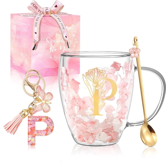 Personalized Gift for Women Flower Glass Coffee Mug Initial Tea cup Monogrammed Customized Bridesmaid Bride Wedding Gifts Graduation Gifts Valentine Mother's Day Birthday Christmas Gift (P)
