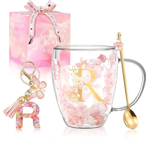 Personalized Gift for Women Flower Glass Coffee Mug Initial Tea cup Monogrammed Customized Bridesmaid Bride Wedding Gifts Graduation Gifts Valentine Mother's Day Birthday Christmas Gift (R)