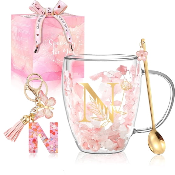 Personalized Gift for Women Flower Glass Coffee Mug Initial Tea cup Monogrammed Customized Wedding Graduation Gifts Valentine Mother's Day Birthday