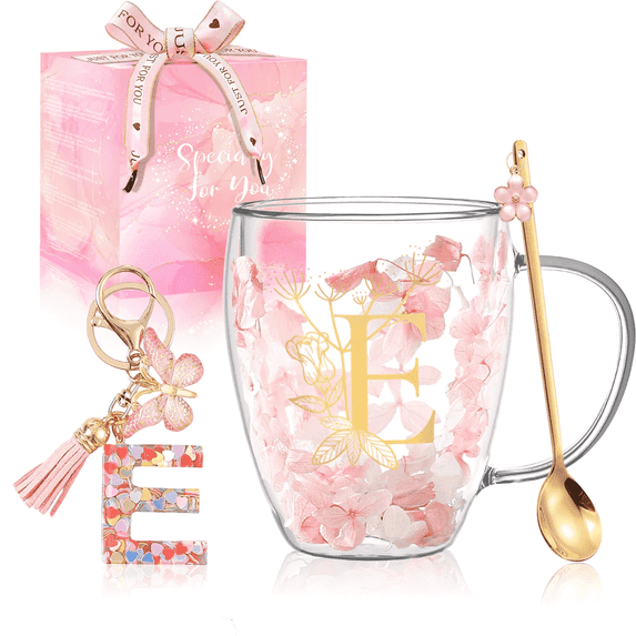 Personalized Gift for Women Double Wall Flower Glass Coffee Mug Tea Cup with Spoon Birthday Valentine Mother's Day Gift for Mom Wife Friends Sister(E)