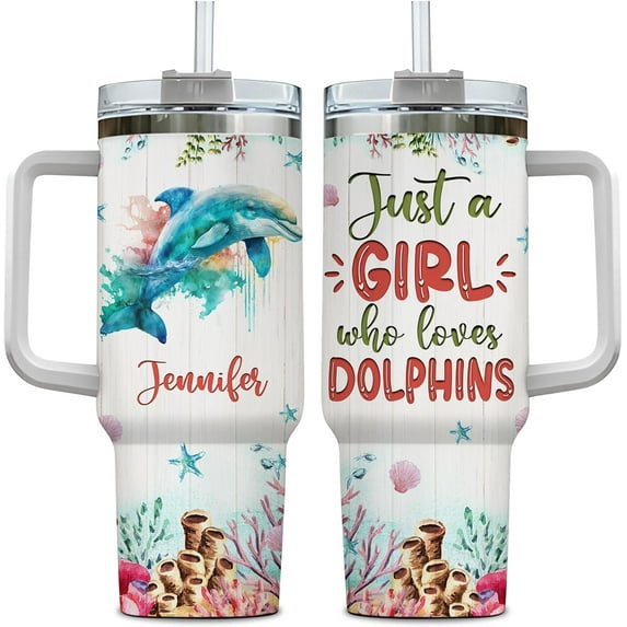 Personalized Gifts For Dolphin Lover Tumbler 40oz with Handle and Straw - Stainless Steel Travel Coffee Cup With Lid - Cute Sea Animal Lover Gifts For Women, Girl On Birthday Christmas