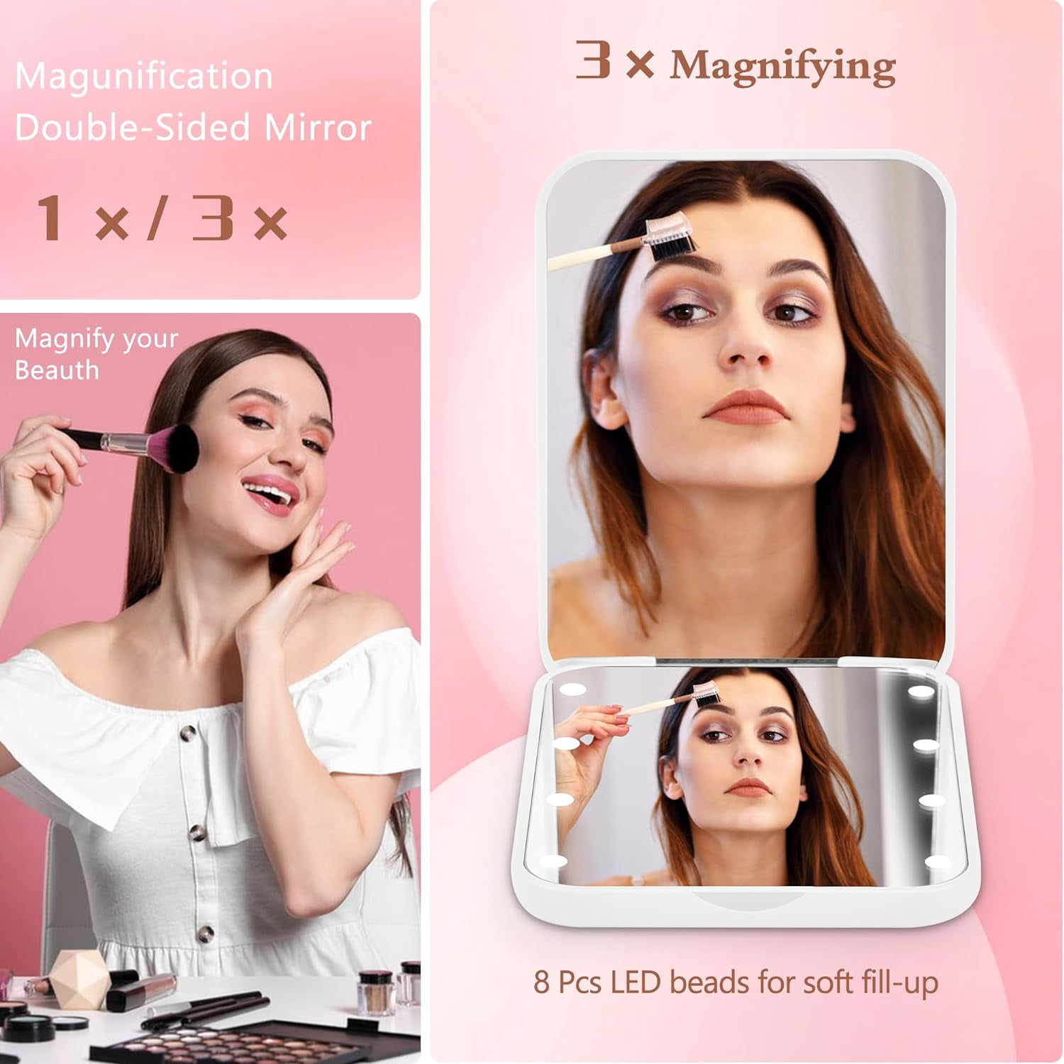 Personalized gifts for women initial compact mirror with light preppy