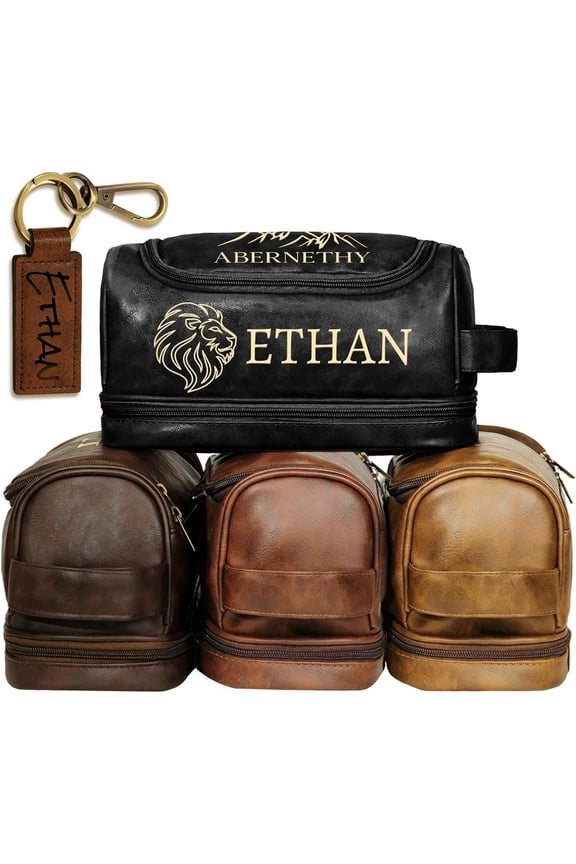 Personalized Gifts for Men, Mens Personalize Toiletry Bag, Custom Leather Toiletries Travel Bag, Customize Shaving Kit, Men's Gift Ideas for Christmas（Black）