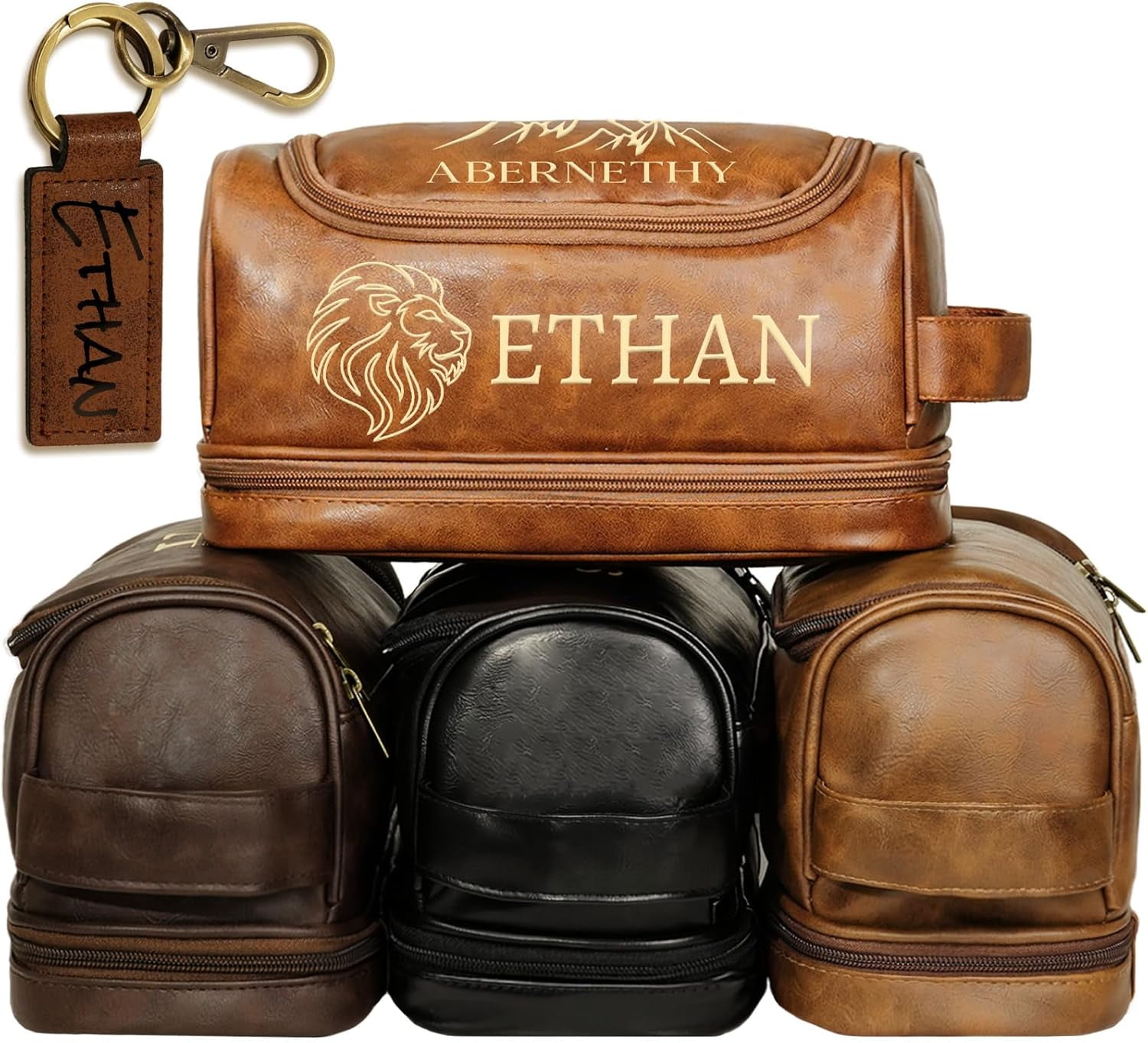 Personalized Gifts for Men, Mens Personalize Toiletry Bag, Custom Leather Toiletries Travel Bag, Customize Shaving Kit, Men's Gift Ideas for Christmas（Brown）