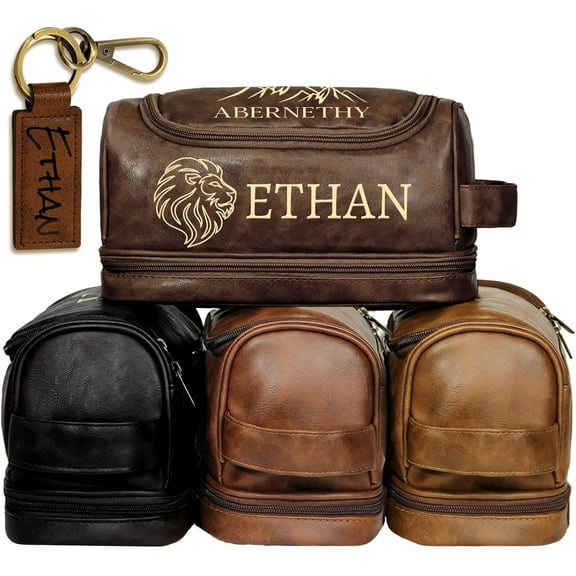 Personalized Gifts for Men, Mens Personalize Toiletry Bag, Custom Leather Toiletries Travel Bag, Customize Shaving Kit, Men's Gift Ideas for Christmas（Dbrown）