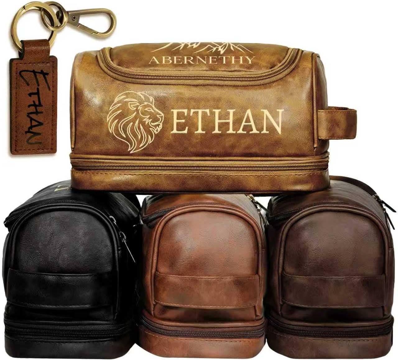 Personalized Gifts for Men, Mens Personalize Toiletry Bag, Custom Leather Toiletries Travel Bag, Customize Shaving Kit, Men's Gift Ideas for Christmas（Lightbrown）