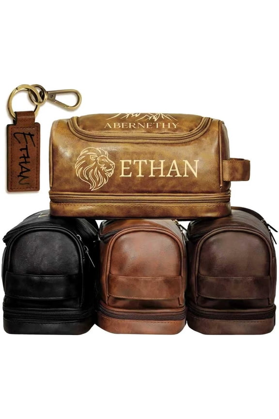 Personalized Gifts for Men, Mens Personalize Toiletry Bag, Custom Leather Toiletries Travel Bag, Customize Shaving Kit, Men's Gift Ideas for Christmas(Lightbrown)