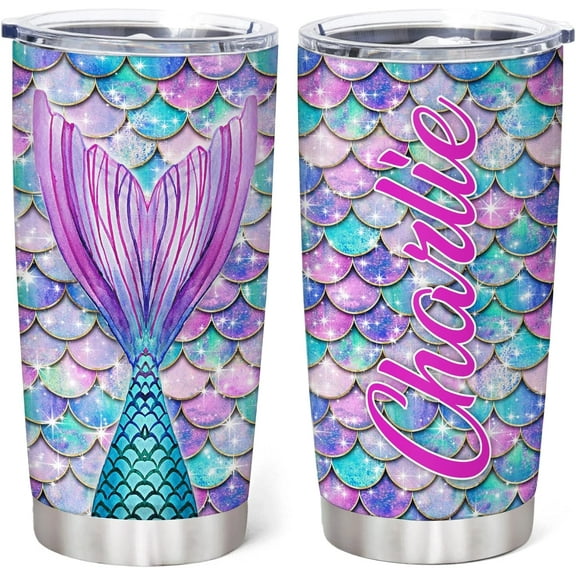 Personalized Gifts For Mermaid Lover - Birthday & Christmas - Custom Name Stainless Steel Tumbler 20oz With Straw Lid - Mermaid Gift For Women, Girls, Daughters & Friends