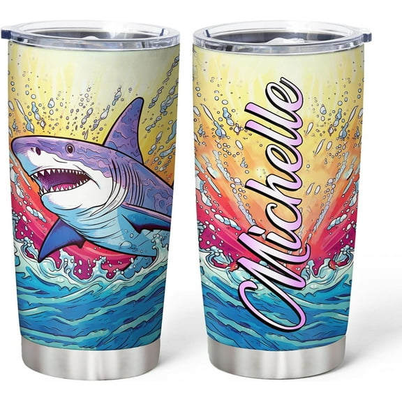 Personalized Gifts Shark Lover - Shark Printed Customized Name Stainless Steel Tumbler 20 oz With Lid - Idea Cute Sea Animal Lover Gifts For Women, Girl, Kids On Birthday, Christmas